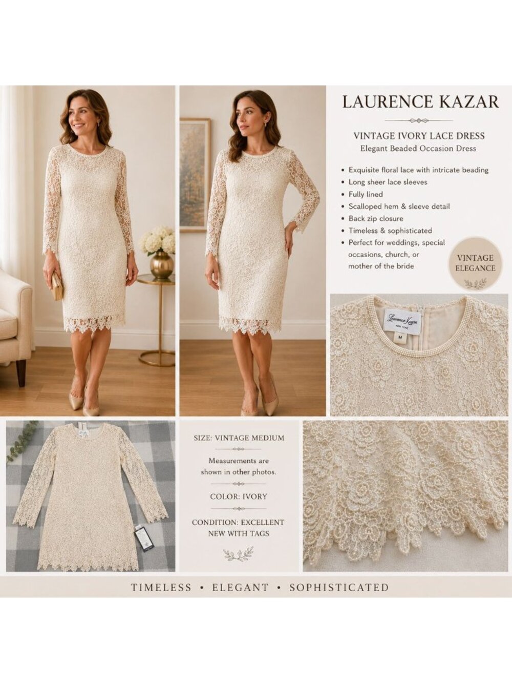 VTG Laurence Kazar Ivory Lace Dress Med Dress Elegant Formal Beaded Sequin NWT